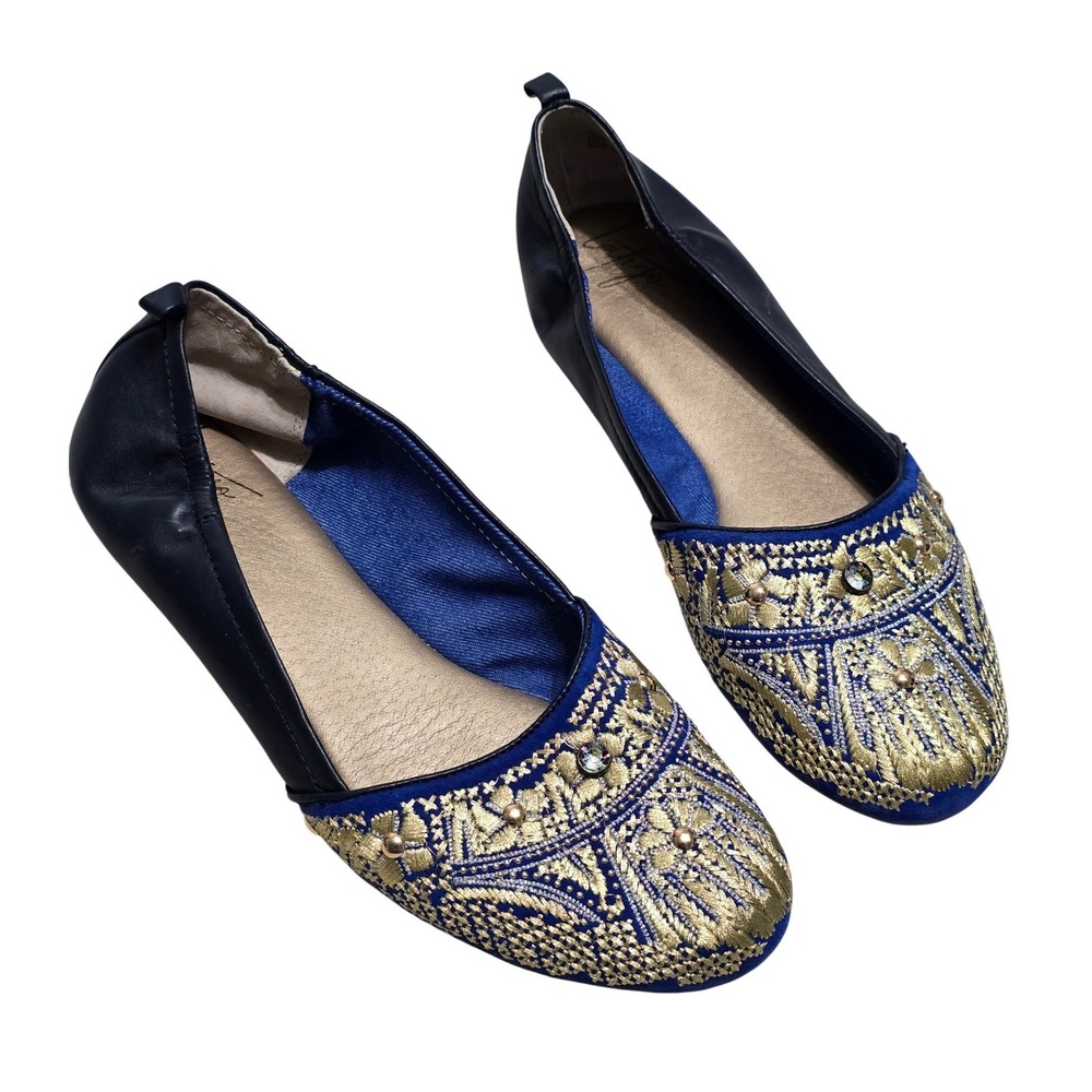 Latigo Genvieve Navy Blue Leather Gold Embroidered Boho Ballet Flats LAS19-50658
